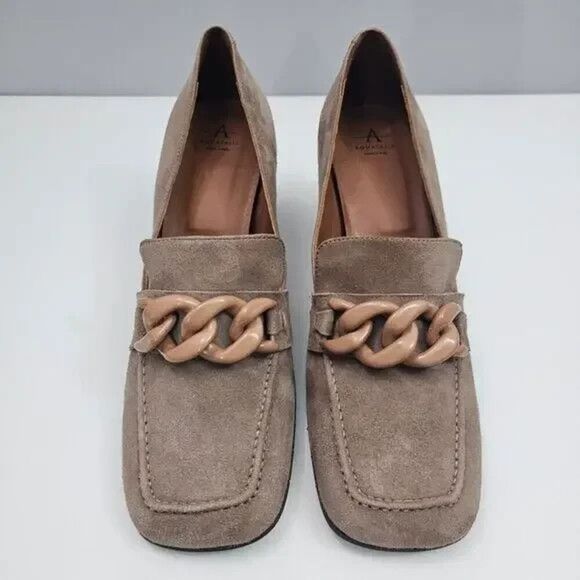 New $425 Aquatalia Cathie Suede Chain Heeled Loafers in Taupe Suede Sz. 10.5 - Picture 2 of 6